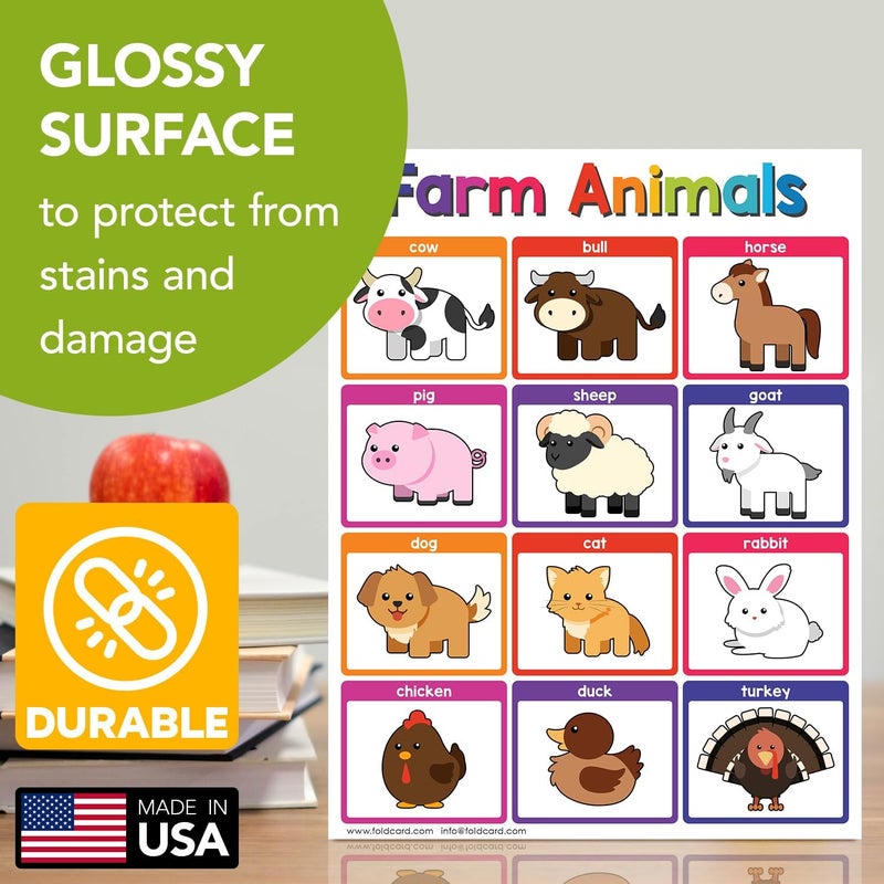 FoldCard Educational Charts for Preschool to Grade 1 Kids – Bright and Colorful Educational Visual/Learning Aid Posters | Glossy Durable Cardstock | 8.5" x 11" | 5 per Pack (Farm Animals) - Image 3